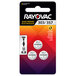 A Rayovac package of three 303/357 silver oxide coin button batteries.