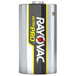 A silver Rayovac C battery with a yellow and black label.
