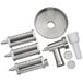 A group of stainless steel Avantco mixer attachments including a meat grinder and pasta roller/cutter.