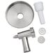 An Avantco silver metal meat grinder attachment with a round white handle.