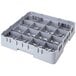 A large soft gray plastic Cambro cup rack with 16 compartments.