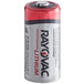 A close-up of a Rayovac 123A lithium battery.