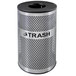 An Ex-Cell Kaiser stainless steel round trash receptacle with the word "trash" on it.