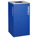A blue square Ex-Cell Kaiser trash receptacle with white text reading "Trash" on it.