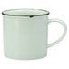 A white porcelain mug with a mint green and silver rim and handle.