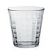 A clear Duralex glass tumbler with a checkered pattern.