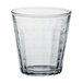 A Duralex clear glass tumbler with a textured pattern.