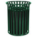 A green metal Ex-Cell Kaiser Streetscape outdoor trash receptacle with black stripes.