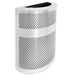 A silver stainless steel half round waste receptacle with holes in it.