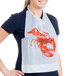 A woman wearing a lobster bib with a lobster on it.