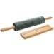 A Fox Run green marble rolling pin and wooden tray.