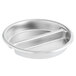 A stainless steel Vollrath round divided food pan in a silver bowl on a counter.