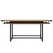 A Safco Mirella rectangular conference table in sand dune wood with metal accents and a shelf.