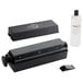 A black rectangular Mercer Culinary sharpening stone system with white and black bottles.