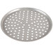 A silver round metal tray with holes.
