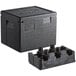 A black plastic Cambro Cam GoBox with a lid and cup holders.
