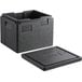 A black plastic Cambro food pan carrier with a lid and cup holders.
