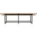A Safco Mirella two-tier rectangular standing conference table in sand dune wood finish with metal frame.
