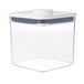 An OXO Good Grips clear plastic food storage container with a white lid.