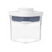 A clear plastic OXO Good Grips food storage container with a white lid.
