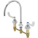A chrome T&S deck-mount gooseneck faucet with two lever handles.