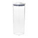An OXO Good Grips clear square plastic food storage container with a white lid.