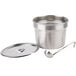 A silver stainless steel inset pot with a lid and spoon.