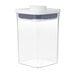 A clear plastic OXO Good Grips food storage container with a white lid.