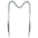 A pair of silver metal hooks with a curved shape.