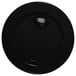 A black International Tableware stoneware plate with a rolled edge and wide rim.