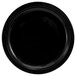 A black stoneware plate with a rolled edge and narrow rim.