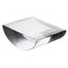 A clear glass block filled with clear crescent ice cubes on a white background.