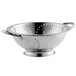 A close-up of a Vollrath stainless steel colander with a base and handles.