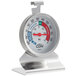 A CDN RFT1 ProAccurate metal dial thermometer with red and blue dial on a stand.