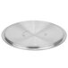 A silver stainless steel cover with a circular pattern on a white background.