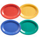 An assortment of oval melamine platters in four different colors on a white background.