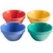 A group of colorful Elite Global Solutions melamine bouillon cups.