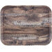 A rectangular dark oak Cambro fiberglass tray with a wood surface.