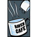 A customizable blue and white Notrax entrance mat with a cartoon of a mug and a cup.
