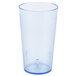 A clear plastic cup with a blue lid.