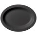 A black oval Cambro polycarbonate platter with a white background.