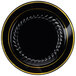 A black Fineline plastic plate with gold trim.