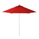A close-up of a California Umbrella with a Jockey Red Sunbrella canopy.