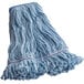 A Carlisle blue cotton blend wet mop head with a blue headband.