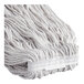A close-up of a Carlisle extra large white cotton wet mop head with a white headband.
