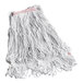 A white mop with red trim.