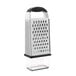 An OXO stainless steel box grater with a black non-slip handle.