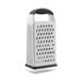 An OXO stainless steel box grater with black accents.