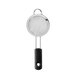 An OXO stainless steel strainer with a black handle.
