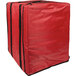 A large red square pizza delivery bag with black straps.